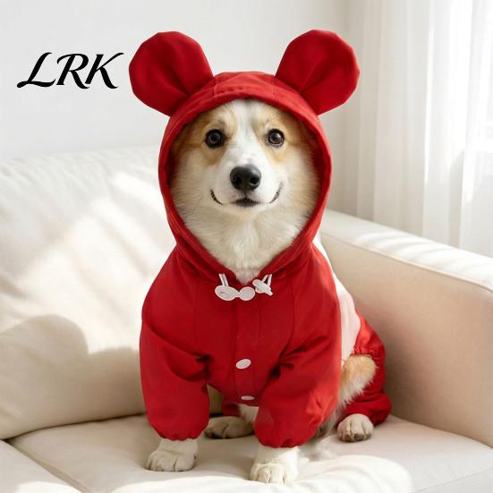 Cold Weather Pet Apparel Hooded Dog Jumpsuit, Waterproof Windproof Four-Leg Jacket with Puppy Winter Wear Ears, Cute Padded Warm Hoodie for Small Dogs