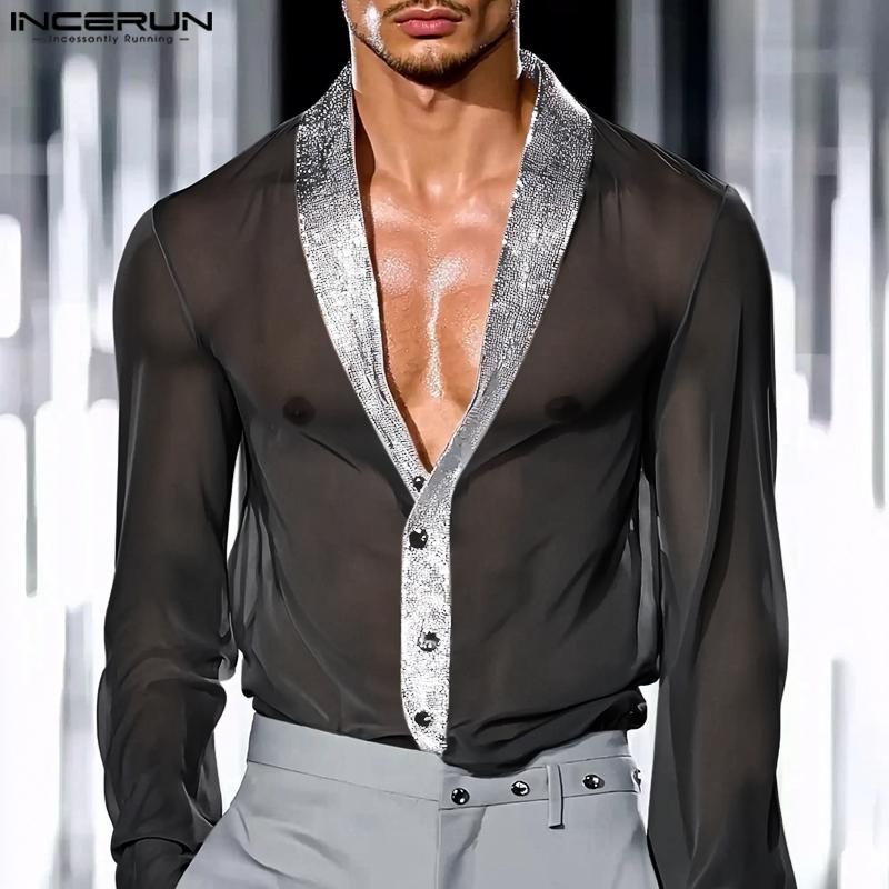 INCERUN მამაკაცის გრძელმკლავიანი ბრჭყვიალა პაჩვორკის გამჭვირვალე მაისურები, ბადის გამჭვირვალე ტოპები