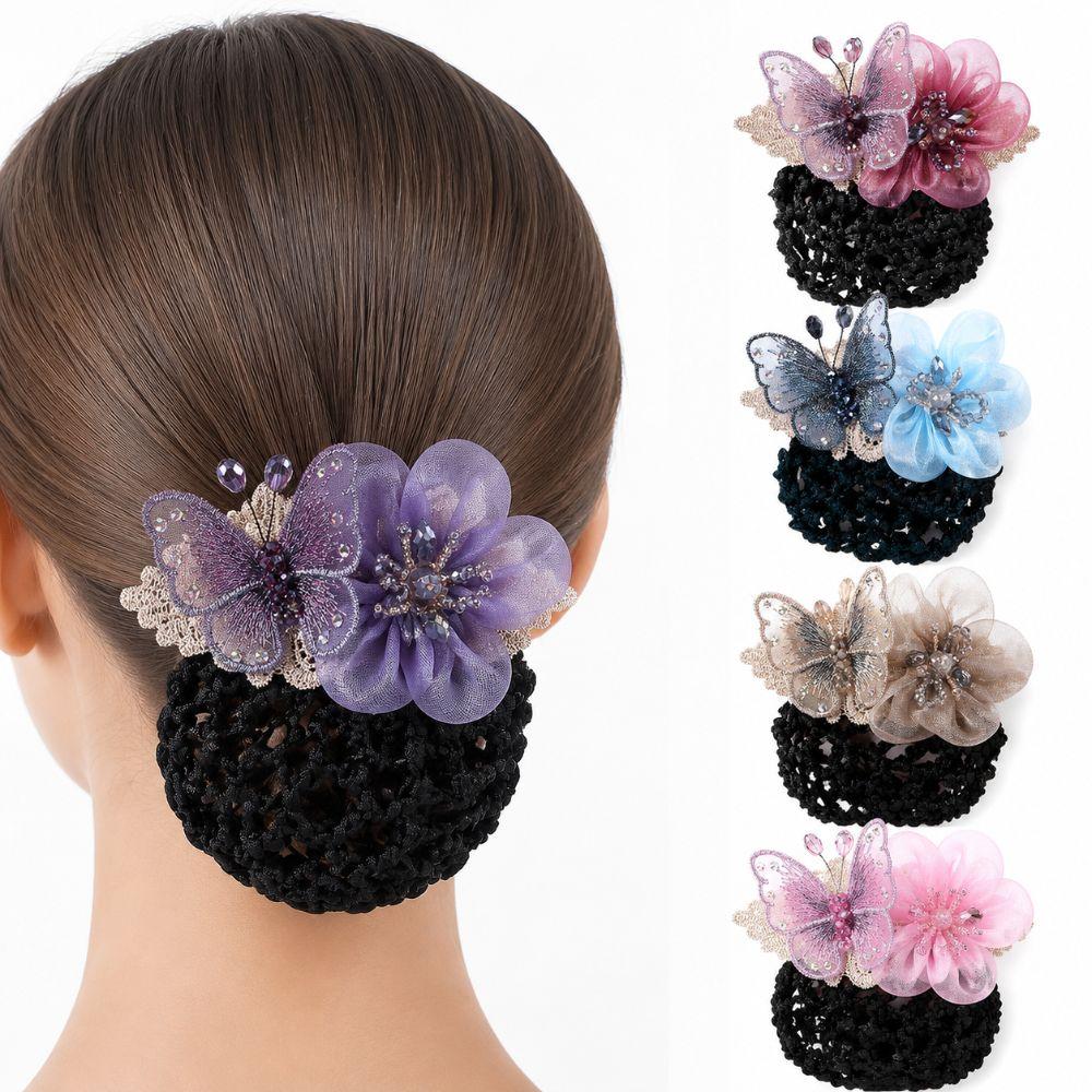 Butterfly Flower Elastic Hair Net Rhinestone Beads Decor Hair Bun Holder  Hotel Staff Uniform