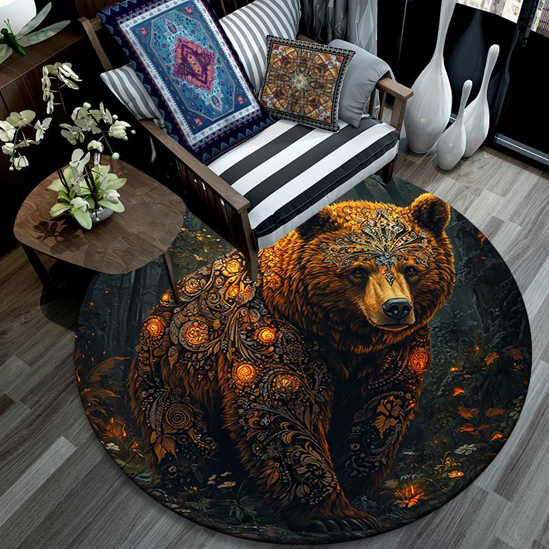 Golden Bear Round Area Rug,Carpet Rug for Living Room Bedroom Sofa Playroom Decor,Non-slip Floor Mat