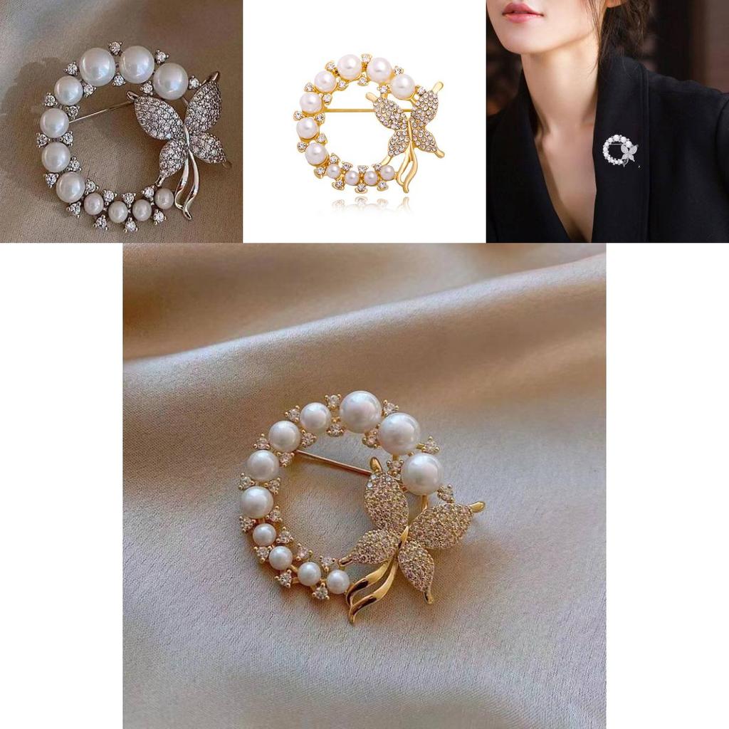 Stylish And Elegant Silver And Gold Butterfly Brooch With Rhinestones And Pearls For Women