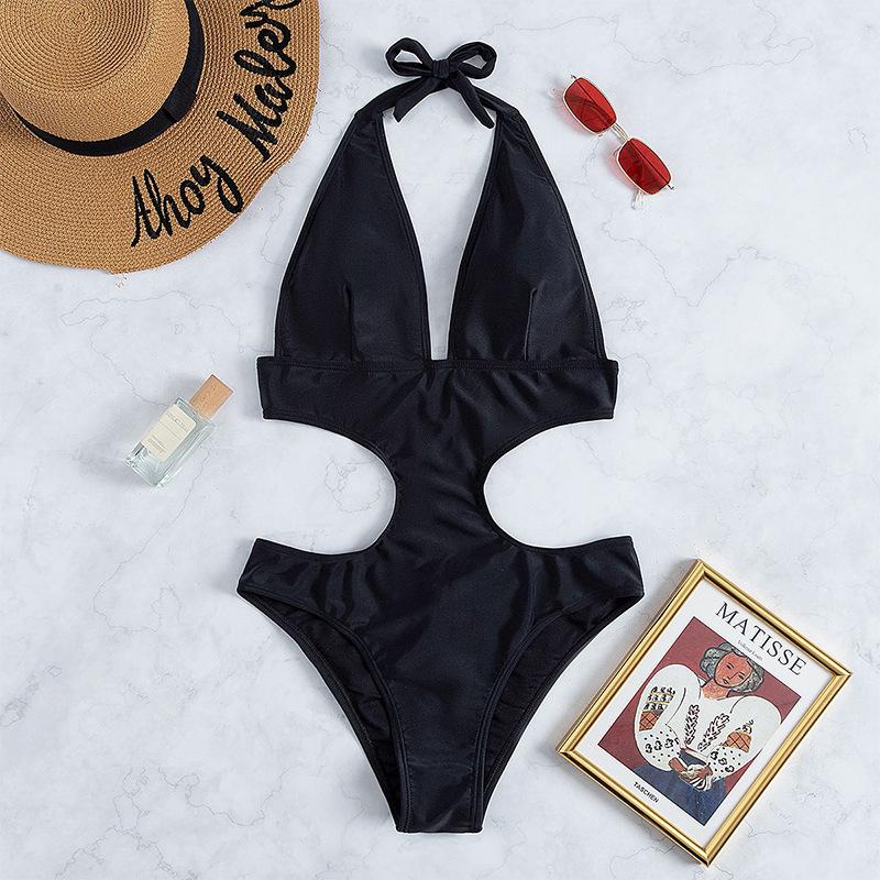 TS JYL-BK028 Solid Halter Bikini, One-Piece Alluring Swimwear For Beach & Pool