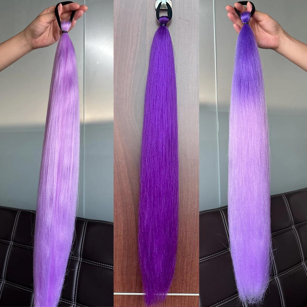 2Pcs Synthetic Purple Ponytail Extension Rubber Band Long Straight Ponytail Women Hair Accessories for Halloween