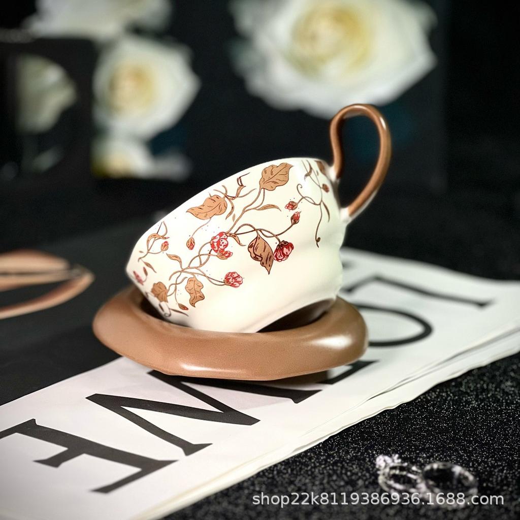 Freesia Ear Hanging Coffee Ceramic Cup Saucer Elegant Retro Afternoon Tea Cup Simple Fashion Light Luxury Mug