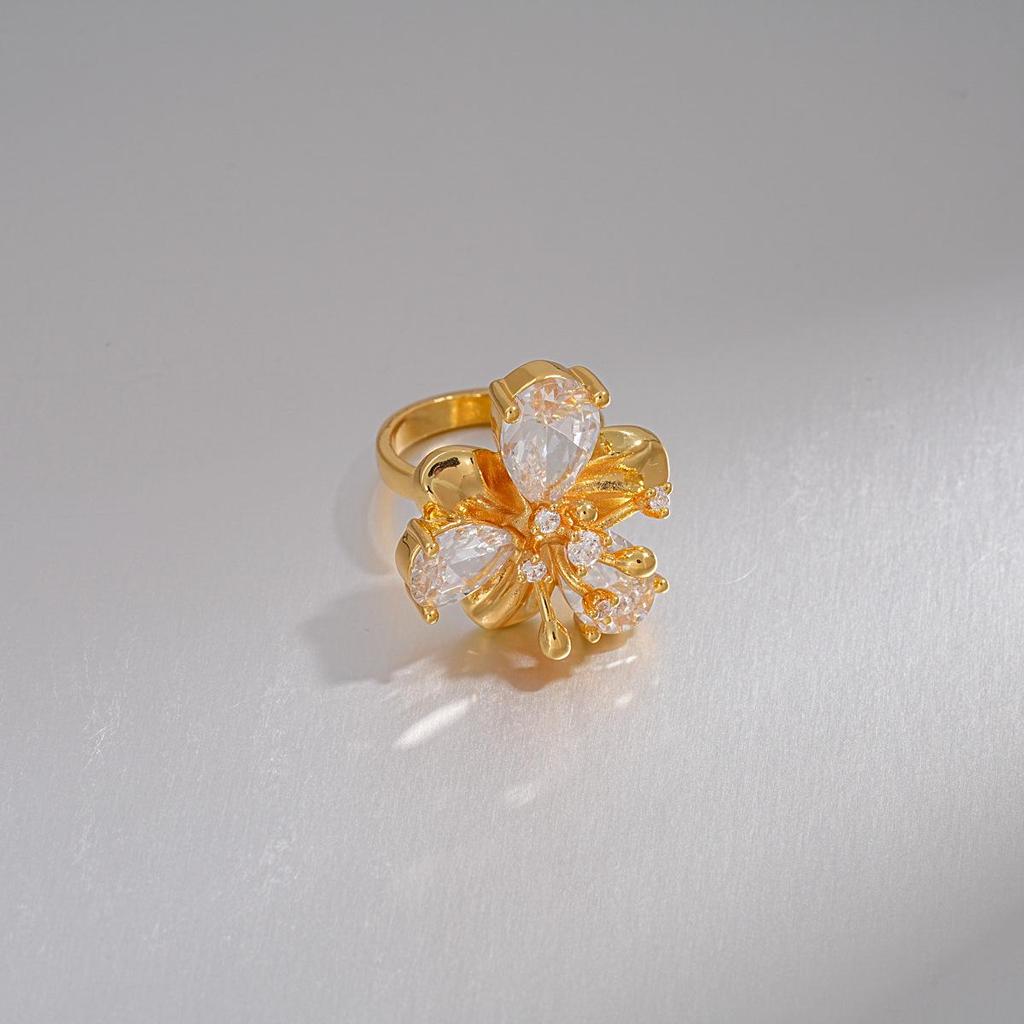 18k Gold Plated Zircon Flower Open Ring - Luxury European & American Style Index Finger Ring