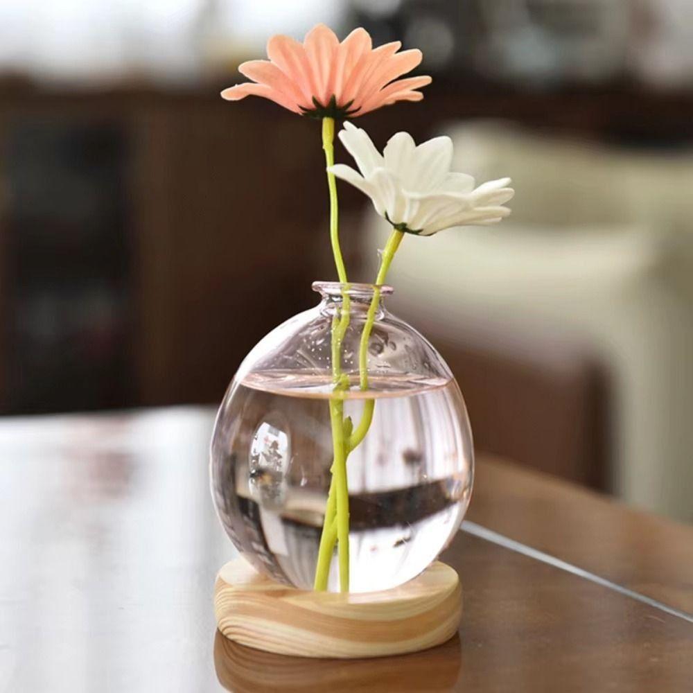Transparent/Pink Creative Bubble Glass Vase With Wood Base Desktop Decorating Flowerpot  Home