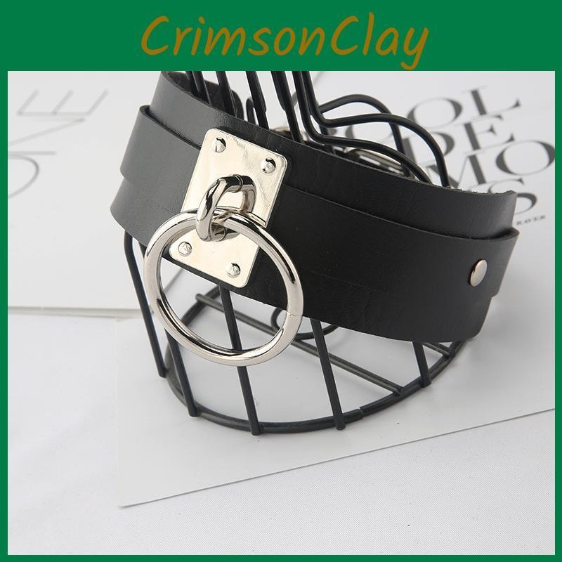 Color Solid Fashion Large Metal Ring Decoration Women Pu Leather Necklace Collar