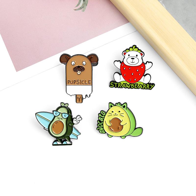 Cartoon Cute Stylish Strawberry Bear Dog Ice Cream Avocado Finished Alloy Badge Brooch For Creative Accessory Wearers
