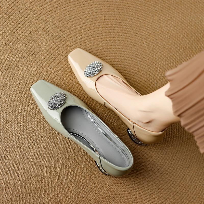 Fashion Women's new genuine leather sheepskin patent leather rhinestone French style mid heel thick heel spring and autumn work shoes