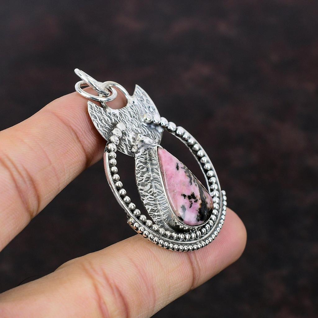 Rodonit Hänge 925 Sterlingsilver Hänge Handgjort Hänge Rodonit Ädelsten Smycken Boho Hänge Jubileumspresent Etnisk Stil Hänge