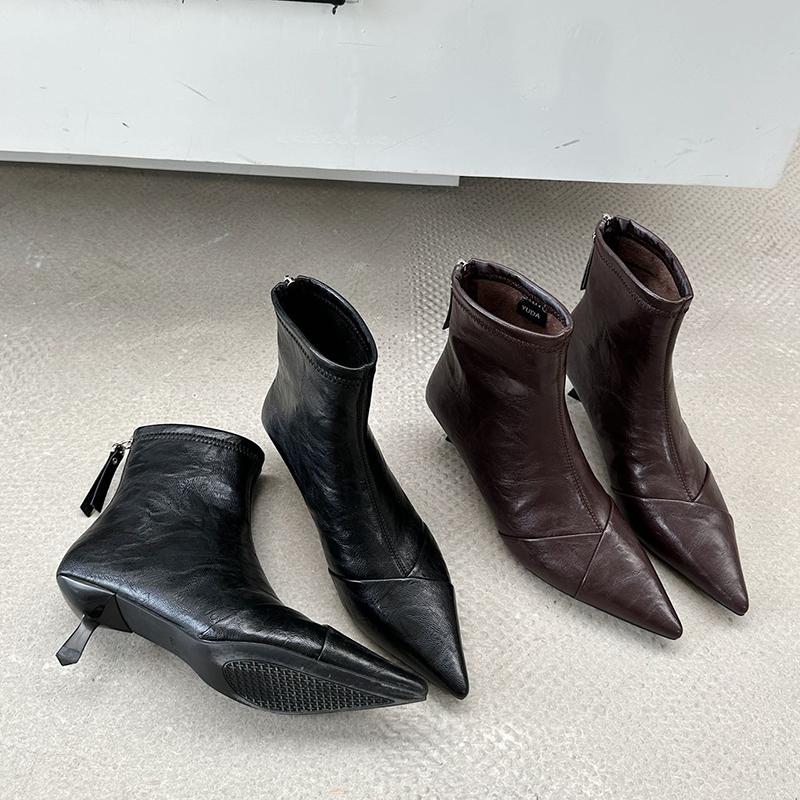 Mode Höst Mjukt Läder Spetsig Tå Ankelstövlar Kvinnor Mode Dragkedjor Tjocka Klackar Skor Street Style Mordern Korta Botas Mujer