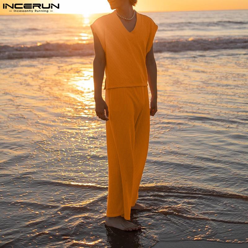 

INCERUN, комплект из двух предметов, мужские топы и брюки, повседневная одежда для отдыха, комплекты