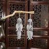 Ethnic Miao Silver Style Long Tassel Earrings with Ancient Scenic Stud Design for Women