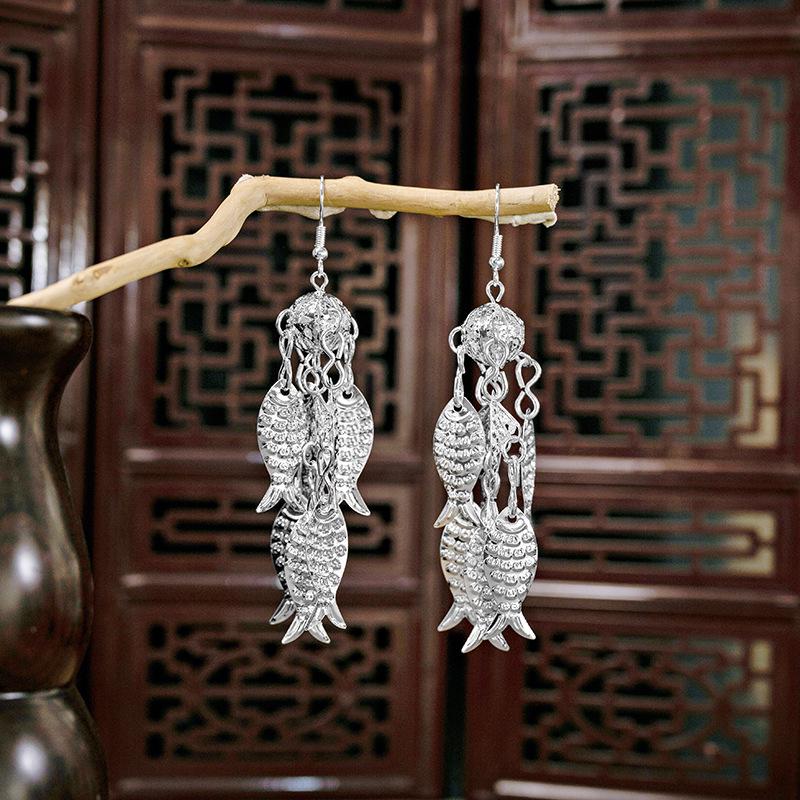 Ethnic Miao Silver Style Long Tassel Earrings with Ancient Scenic Stud Design for Women