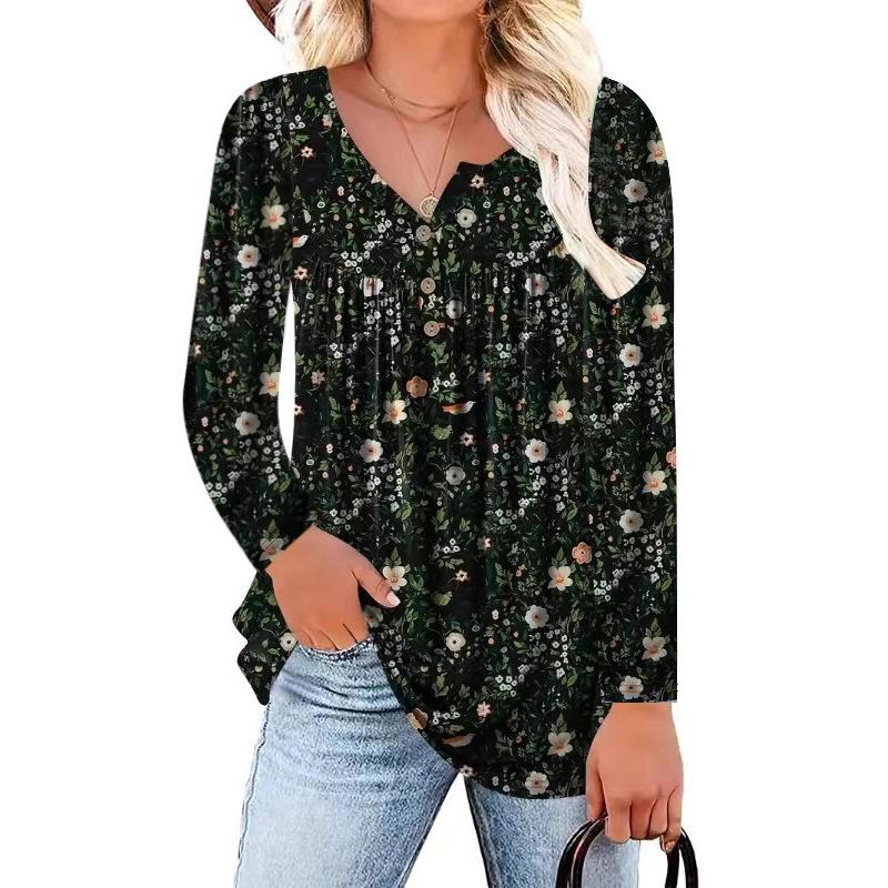 

Женская блузка светло-зеленого цвета с цветочным принтом, V-образным вырезом, оборкой по низу и рукавами 3/4 5XL чёрный