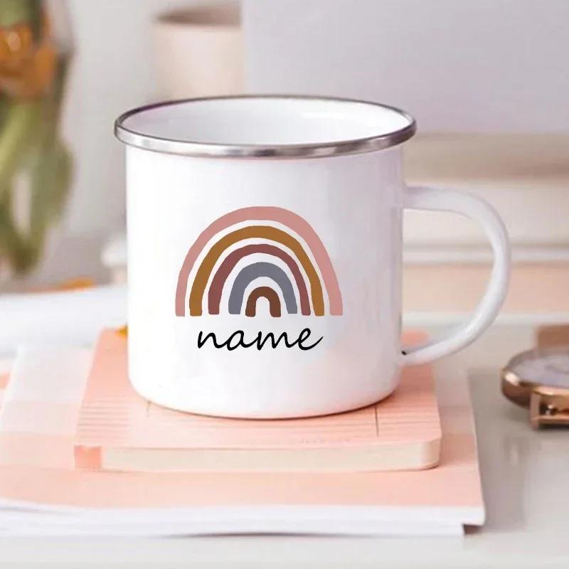 Creative Personalized Mug for Kids Drink Coffee Water Juice Milk Cups Rainbow Enamel Mugs Handle Drinkware Birthday Gift for Her
