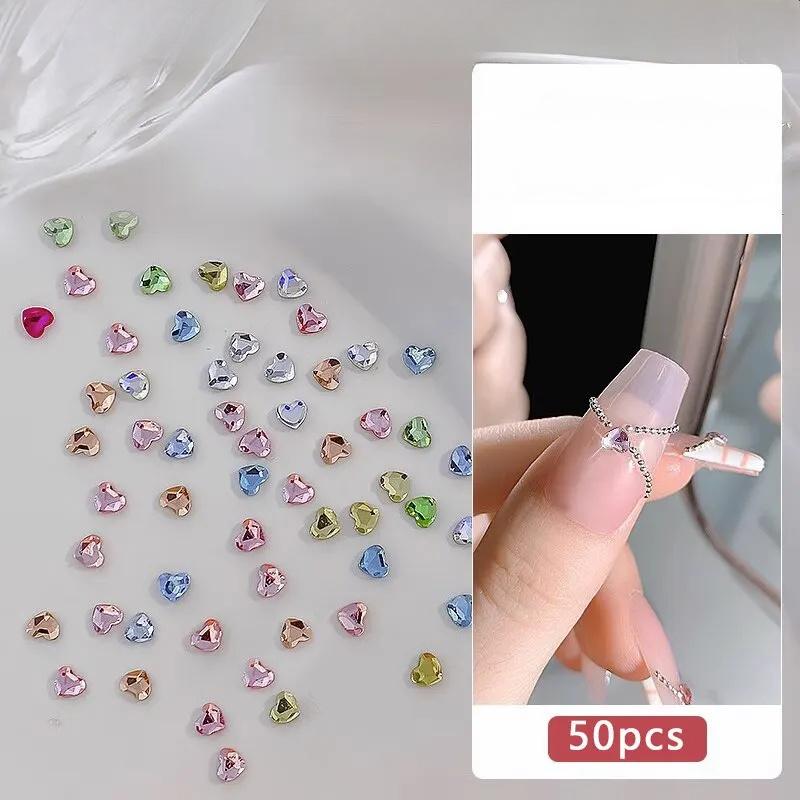 50PCS Mini Love Heart Diamond Nail Decoration Super Sparkling Flat Bottom Diamond Colorful Small Peach Heart Explosion Spark