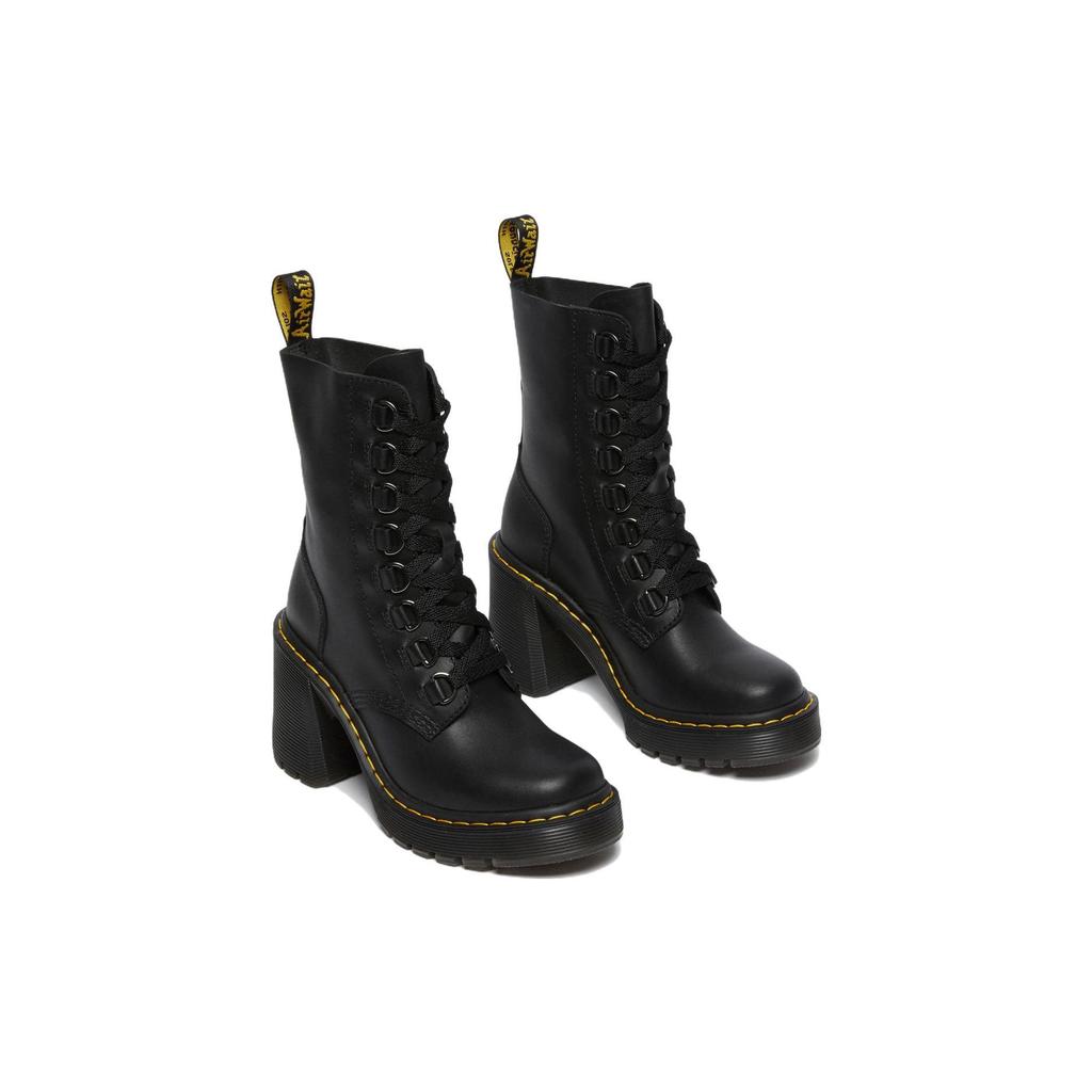 Dr. Martens Chesney Leather Flared Heel Lace-Up Short Mid-Calf Boots Unisex boots Black 26701001