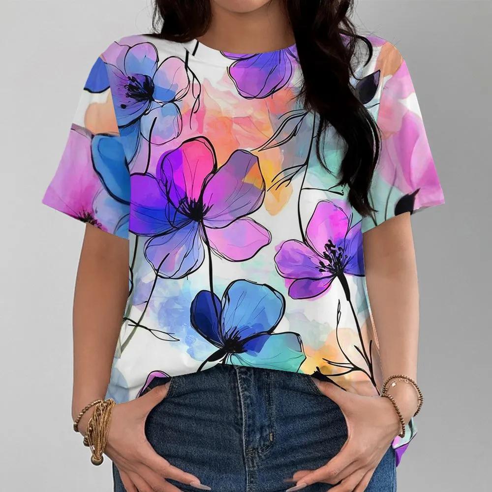 Summer Flowers Gorgeous Watercolor Dyeing Flower T-shirt with Artistic Atmosphere Full Top for Women 3D Digital