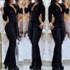 Moda Casual Feminina DICFY Cor Sólida Estampa Outono Inverno Manga Longa Macacões & Macaquinhos