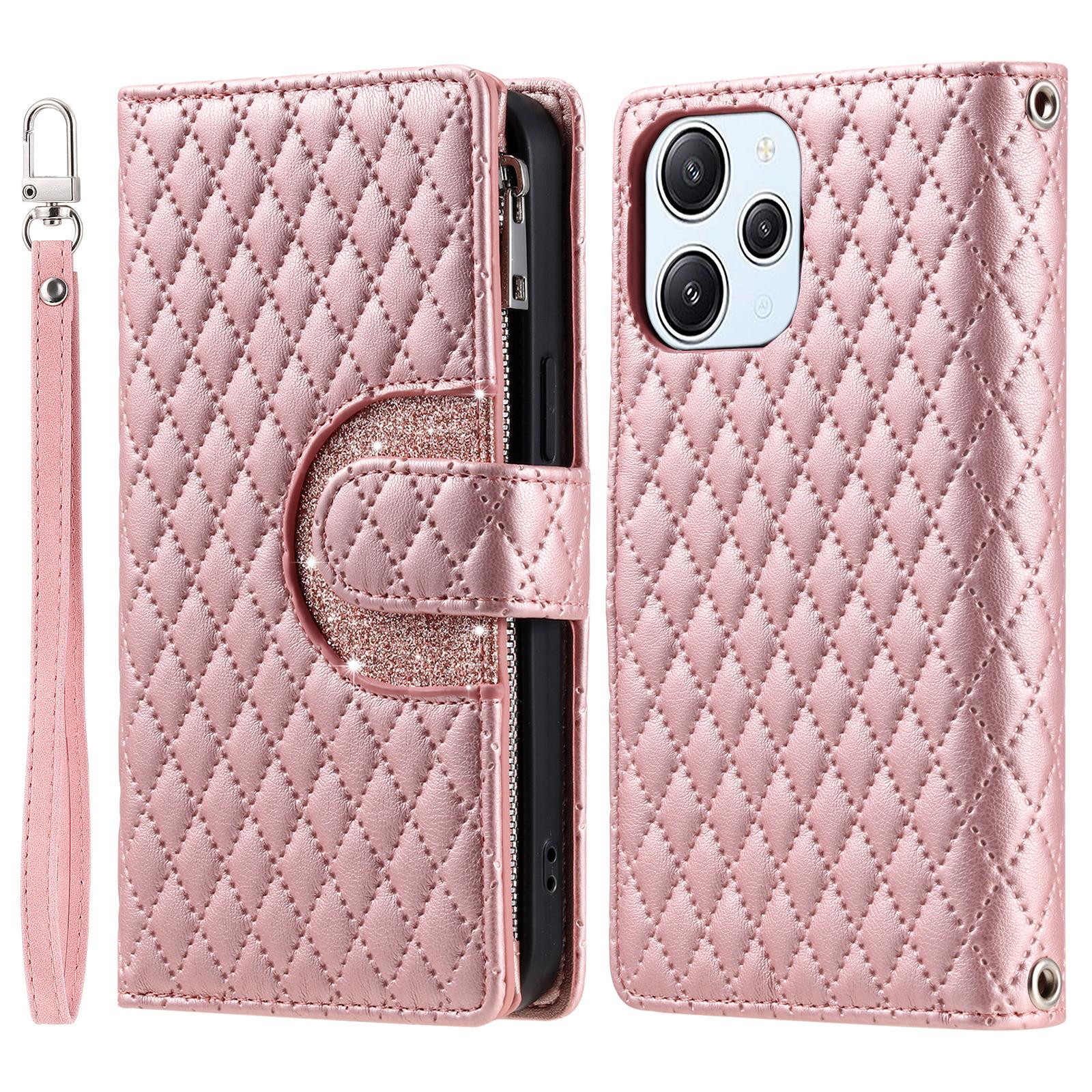 

For Xiaomi Redmi 13 5G/13 4G Case Zipper Pocket PU Leather Rhombus Phone Cover Rose Gold