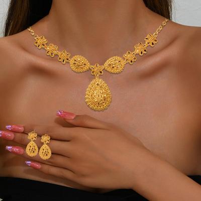 1 Set Necklace Earrings Set Hollow Out Water Drop Golden Alloy Symmetric Polished Prom Party Wedding Party Bride Jewelry Set