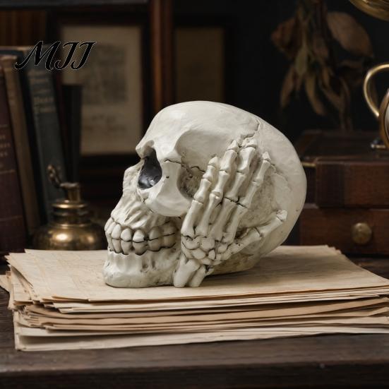 Halloween Skull Decor Figurine, Hear See Speak No Evil Skeleton Head Funny Sculpture Statue, Gothic Resin Home for Desk, Bookshelf, Mantel,