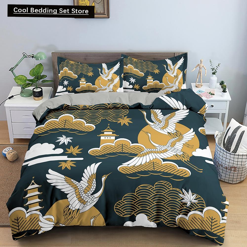 Kranich Gedrucktes Bettwäscheset 3D Rote Japanische Kirschblüten Bettbezug King Queen Größe Floral Wolke 2/3tlg. Polyester Steppdeckenbezug