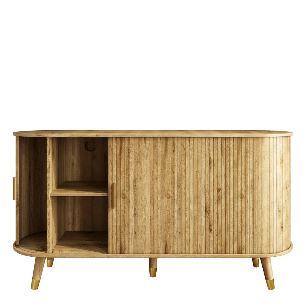 Sideboard mit vertikaler Maserung, zwei Schiebetüren, zwei Schubladen, Beine aus Massivholz und Eckschrank mit abgerundeten Ecken für das Wohnzimmer.