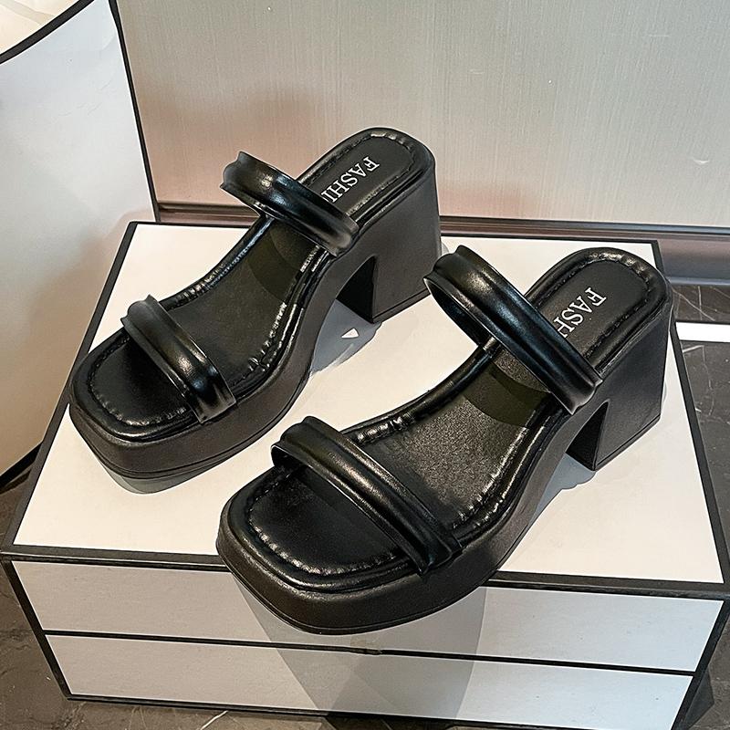Fashion High-heeled Slippers Fashion Square Head Open Toe Waterproof Platform Anti-slip Wear-resistant Square Heel Shoes
