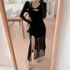 Pure Desire Wind Neck Suspender Dress Women's Summer New Spice Girl Slim Waist Sexy Split Mesh Dress Women