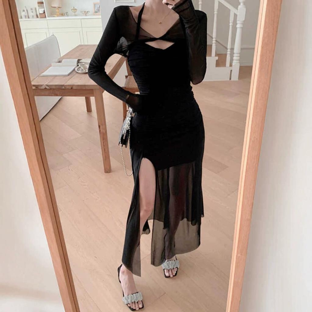 Pure Desire Wind Neck Suspender Dress Women's Summer New Spice Girl Slim Waist Sexy Split Mesh Dress Women