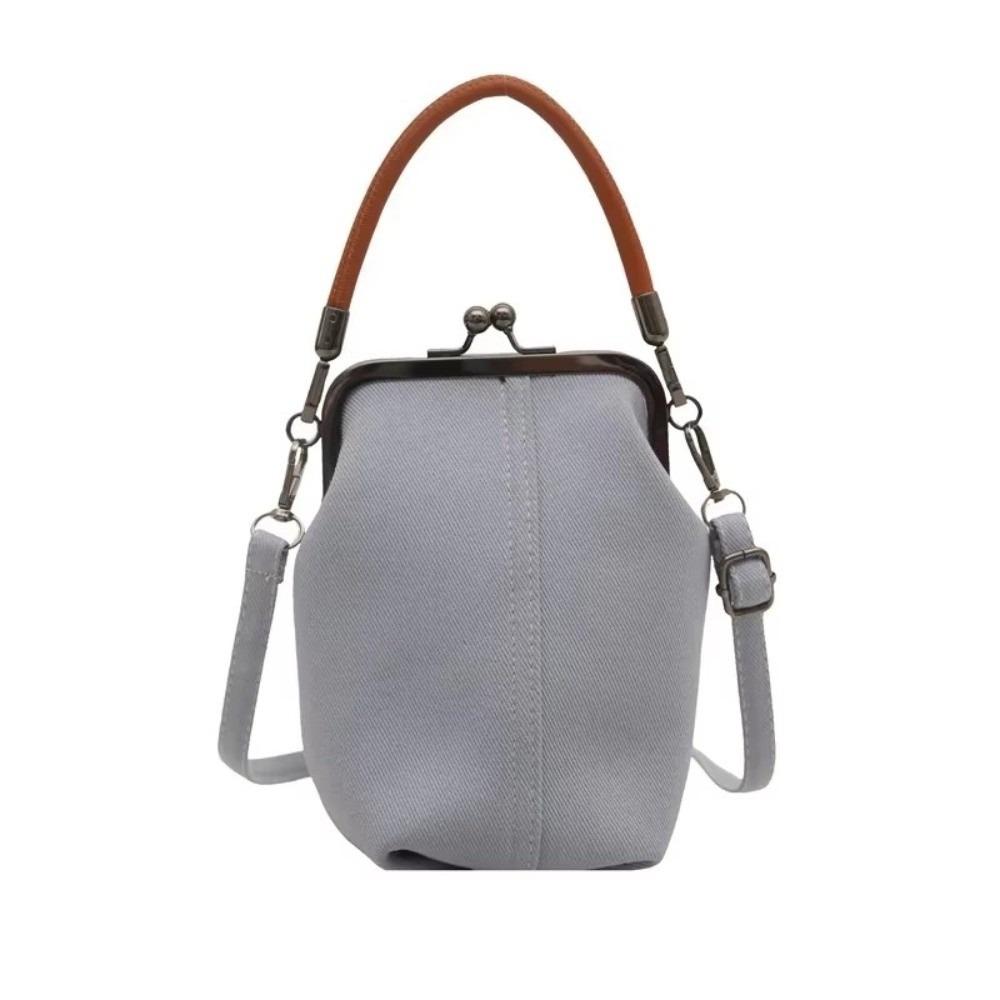 Retro Cloth Kiss Lock Shoulder Bag Korean Style Bucket Shape Crossbody Bag Artistic Versatile Women s Handbag Travel серый