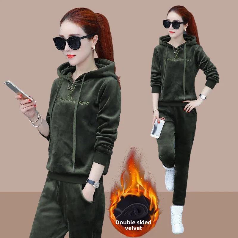 

Осенне-зимний женский утолщенный джемпер с капюшоном на флисовой подкладке, спортивный костюм свободного кроя, повседневный комплект из 2 предметов L зелёный