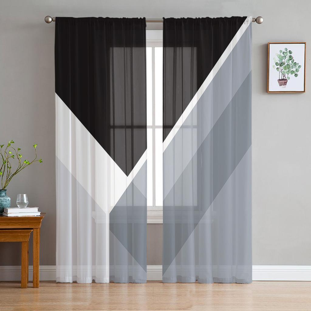 Schwarz-weiß gestreifte geometrische Gardinen für Wohnzimmer Voile Vorhang Schlafzimmer Badezimmer Tüll Vorhänge Fenster Vorhänge
