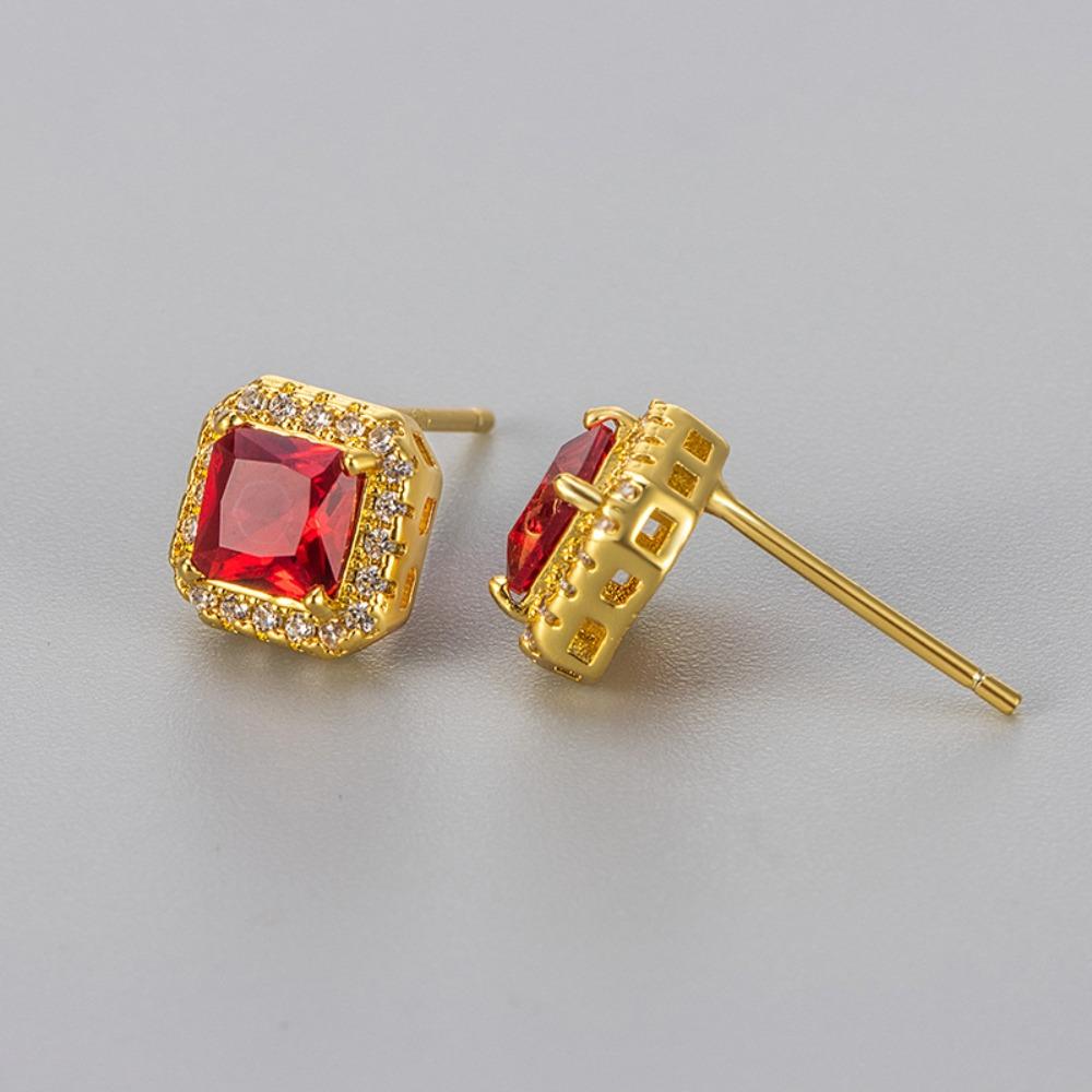 Classic Luxury Shining Zircon Square Color Imitation Gemstone Stud Earrings for Women Trendy Exquisite Stainless Steel Jewelry