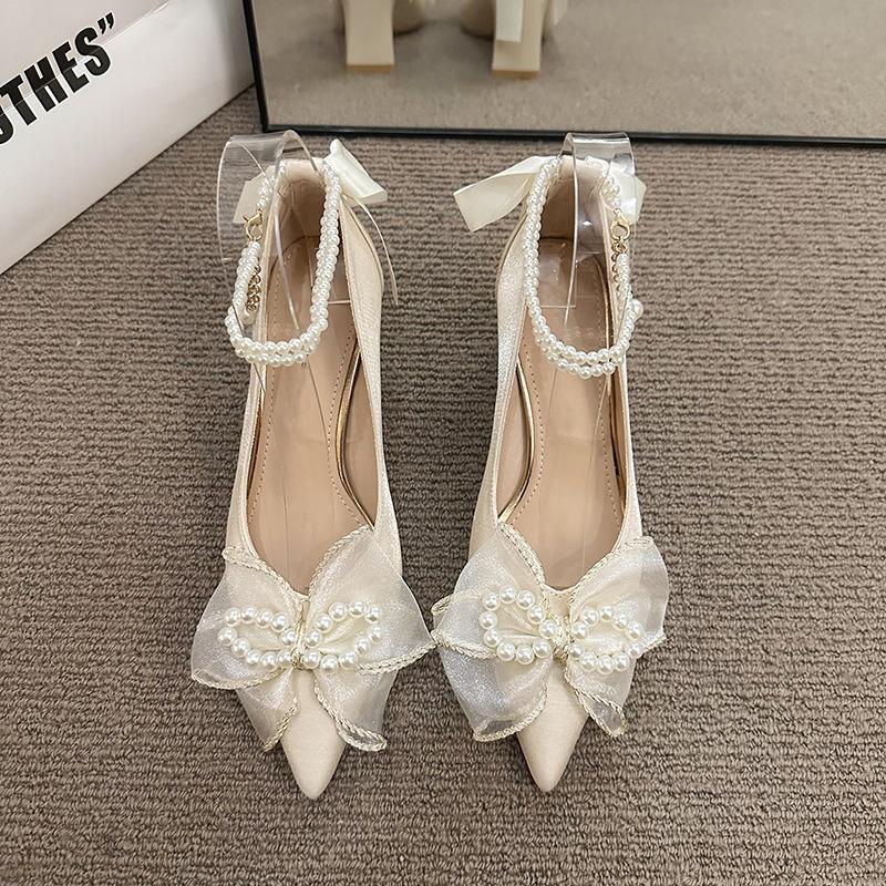 Vintage perłowe szpiczaste buty na wysokim obcasie damskie buty Mary Jane na grubym obcasie buty bankietowe ślubne