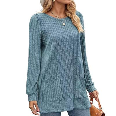 Autumn Winter Elastic Rib-knit Pocket Top Solid Loose Casual Bubble Sleeve T-shirt for Women
