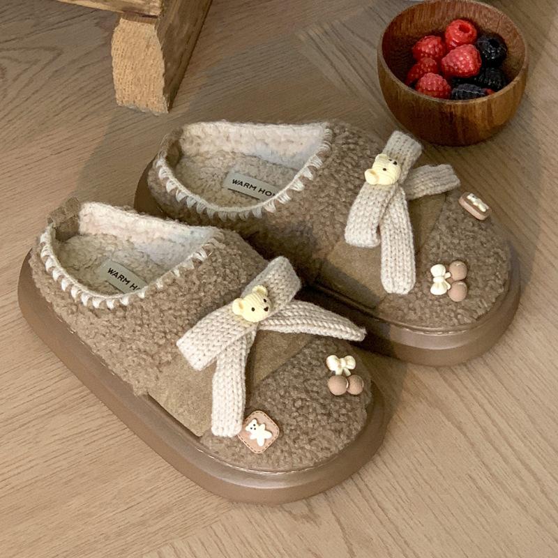 Fashion Women Winter Warm Flat Cotton Slippers Female Cute Bear Home Furry Thick Warm Slides Ladies Comfort Non Slip Indoor Cotton Shoes