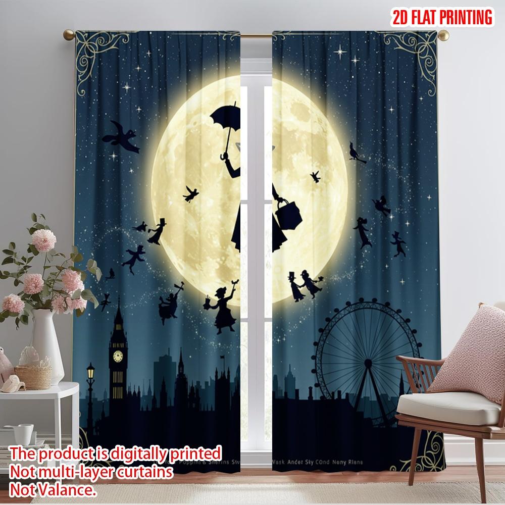 

2pcs 2D flat printing Drapes Mary Poppins Flying London Scene 100% Polyester Fabric Without Electricity Festive Curtains for All 52.50×116.00 CM 2pcs