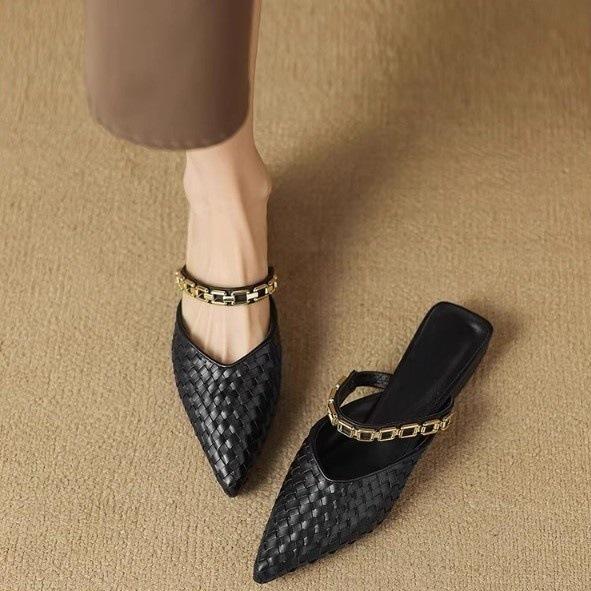 Chain Word with Pointed Head Low Heel Flat Bottom Cool Slippers Women's Outer Wear Woven Bag Head Half Drag
