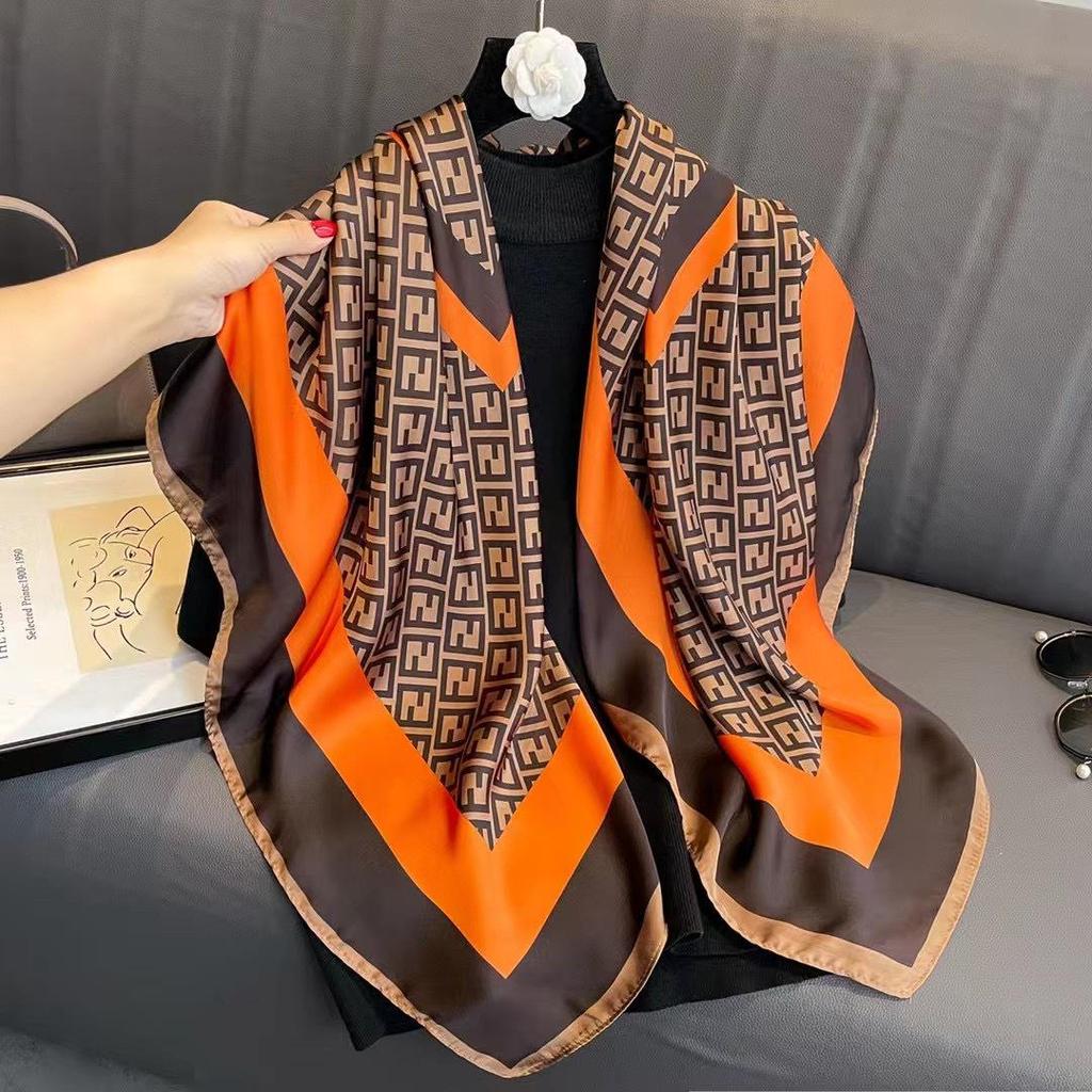 110cm Versatile Women’s Imitation Silk Scarf - Large, Printed, Decorative, Sunscreen Shawl