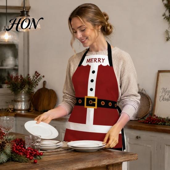 Oil Proof Cooking Cover Christmas Apron with Santa Gingerbread Prints, Waterproof Resistant Holiday Apron, Adjustable Tie for Kitchen Baking