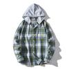 Spring Autumn Men's Checkered Hooded Shirt Man Casual Loose Button Up Plaid Shirts