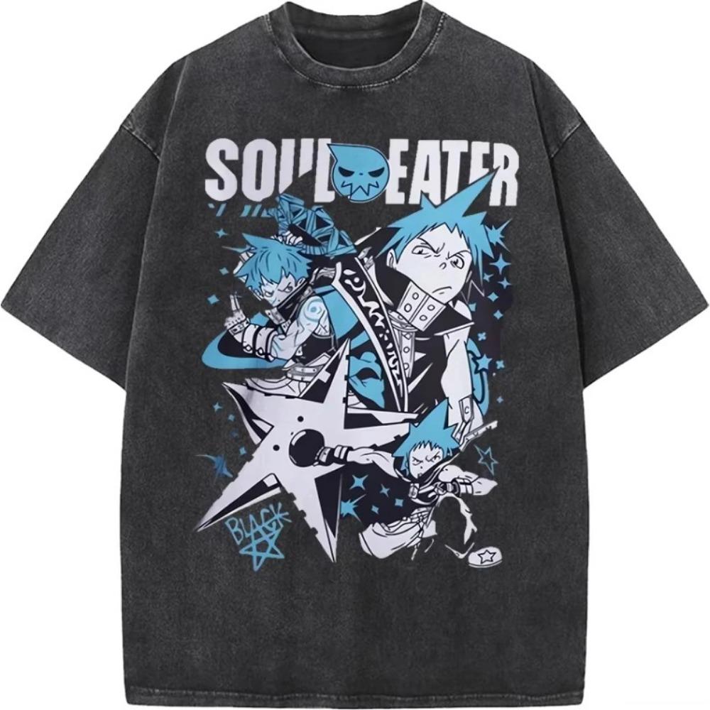 

Япония Аниме Soul Eater Черная Печать Мужские Женские Стиранные Футболки Повседневная Свободная Футболка Харадзюку Мужская Мягкая Манга Ретро Футболка S
