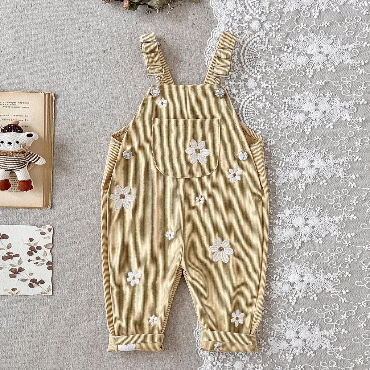 Frühling/Sommer Mädchen Cord-Latzhose mit gestickten Blumen - Lockerer Overall für Babys. gray