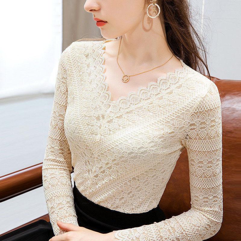 Herbst und Winter Langarm Basis Hemd Mesh Spitze V-ausschnitt Hohl Spitze Frauen