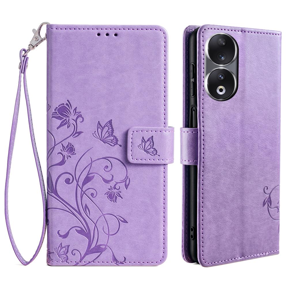 For Honor 90 Case Butterfly Flower PU Leather Stand Phone Cover with Wrist Strap Card Slots