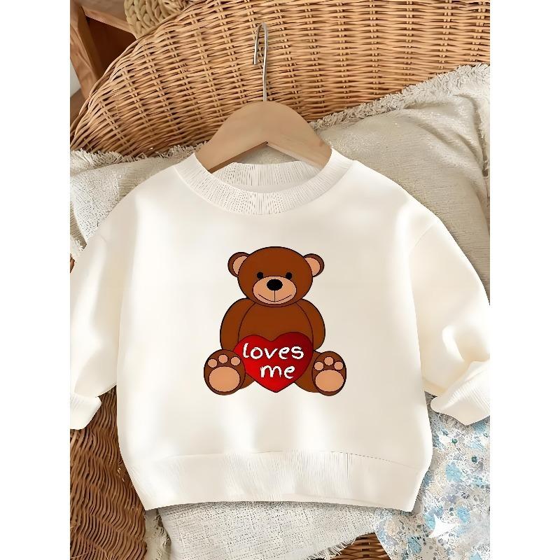 European sizes Cartoon Bear Print Pattern Kids' Crew Neck Sweatshirt, Cute Street Style Top, Children's Pullover