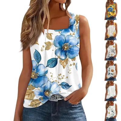 Women's Pleated Square Neck Sleeveless Tank Floral Print T-Shirt